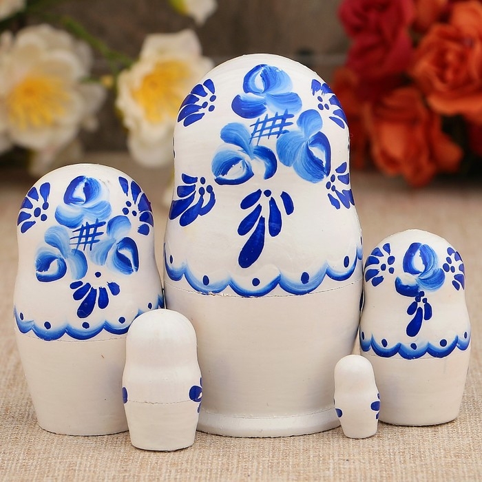Матрёшка &laquo;Гжель&raquo;, белое платье, 5 кукольная, 10 см