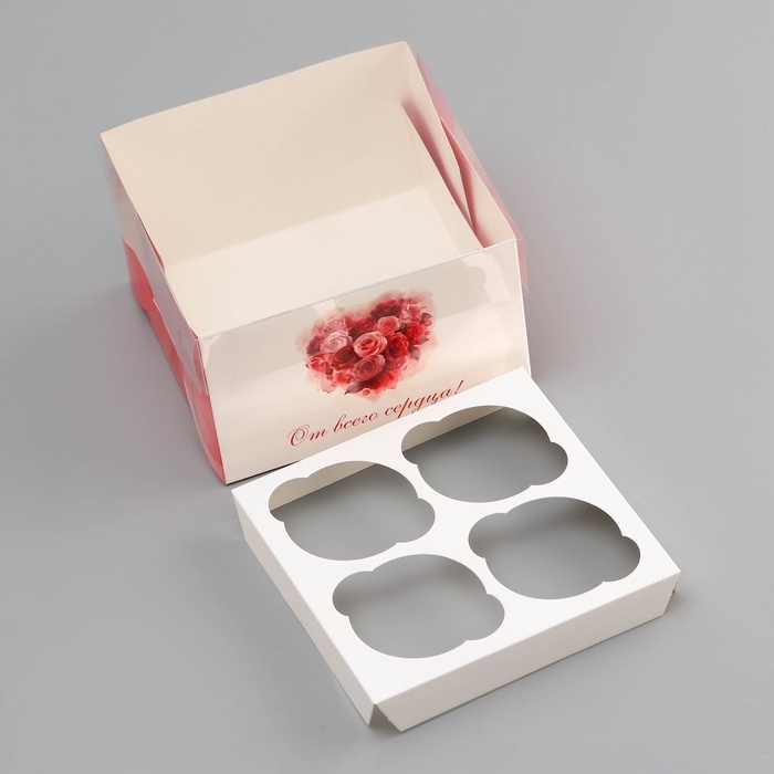 Коробка для 4 капкейка с прозрачной крышкой, "Сердечки", 16 &times; 16 &times; 10 см, кондитерская упаковка