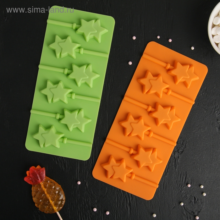 Форма для леденцов новогодний Доляна &laquo;Звёзды&raquo;, силикон, 24&times;11&times;1 см, 6 ячеек (5,2&times;4 см), с палочками, цвет МИКС