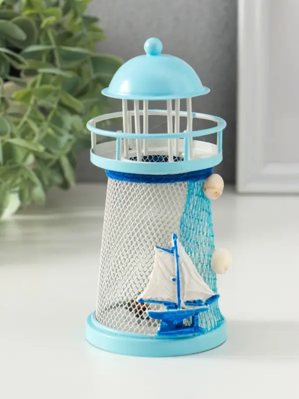 Сувенир настольный "Маяк с корабликом" сетка, голубой, 3хLR1130, RGB, LED 7,5х7,5х18 см
