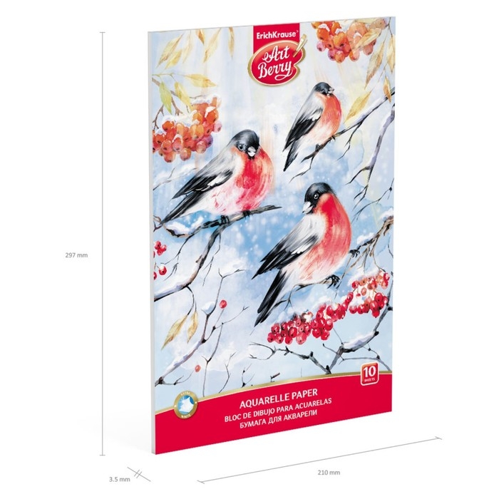 Альбом для акварели А4, 10 листов на клею, Erich Krause ArtBerry "Снегири", блок 180 г/м&sup2;, экстра белая, твёрдая подложка