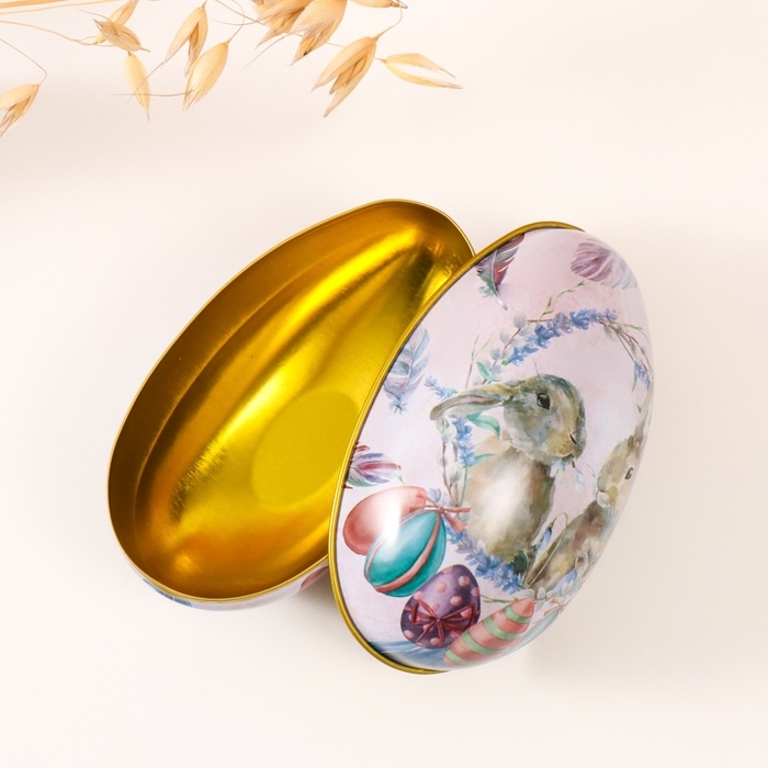 Шкатулка металл яйцо "Два пасхальных зайчика" 7х6,5х11 см