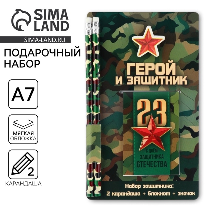 Подарочный набор &laquo;Герой и защитник. 23 февраля&raquo;, блокнот, карандаши (2 шт) и значок