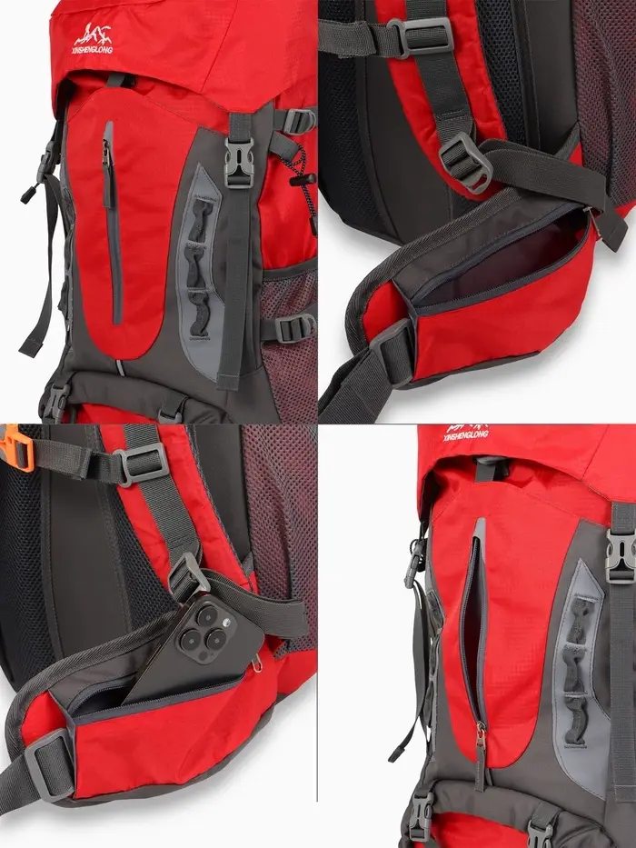 Рюкзак тур 65+5л, 30*20*53, отдел на шнурке, 5нар+2вн кармана, цвет красный