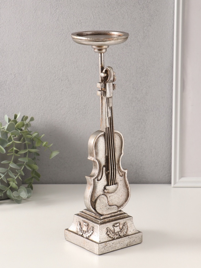 Подсвечник полистоун на 1 свечу "Скрипка" серебро 10х10х36 см