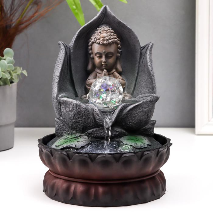 Фонтан настольный от сети, подсветка Фонтан настольный от сети, подсветка "Маленький будда в лотосе" серый мрамор 30х20,5х20,5 см