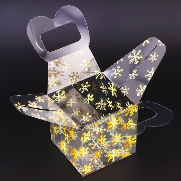 Новый год. Коробка подарочная новогодняя складная ПВХ Новый год. Коробка подарочная новогодняя складная ПВХ "Снежинки" 10 х 10 х 10 см.