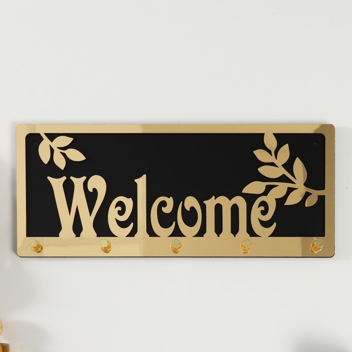 Крючки декоративные дерево Крючки декоративные дерево "Добро пожаловать" чёрный, зеркальный 3,1х34х14,4 см