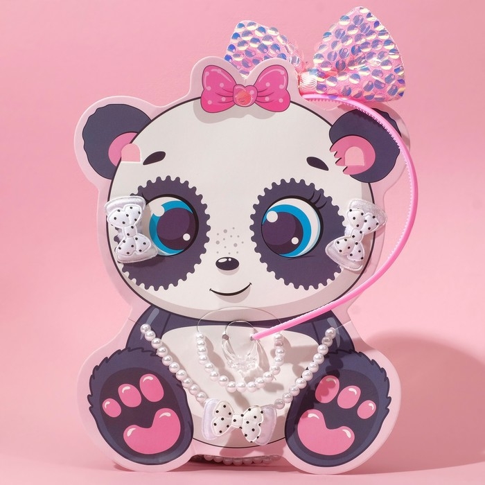 Набор детский &laquo;Выбражулька&raquo; 6 предметов: ободок, 2 резинки, кулон, браслет, кольцо, панда, бантики, цвет бело-розовый