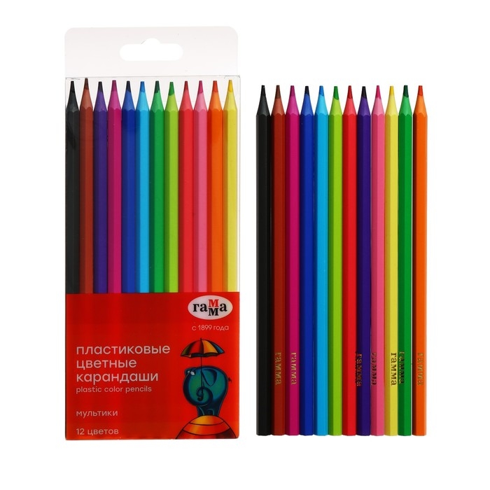 Карандаши цветные пластиковые 12 цветов Гамма Карандаши цветные пластиковые 12 цветов Гамма "Мультики", заточенные, ПВХ, европодвес 251220211