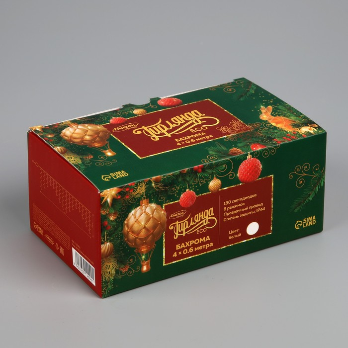 Гирлянда &laquo;Бахрома&raquo; 4 &times; 0.6 м, IP44, прозрачная нить, 180 LED, свечение белое, 8 режимов, 220 В