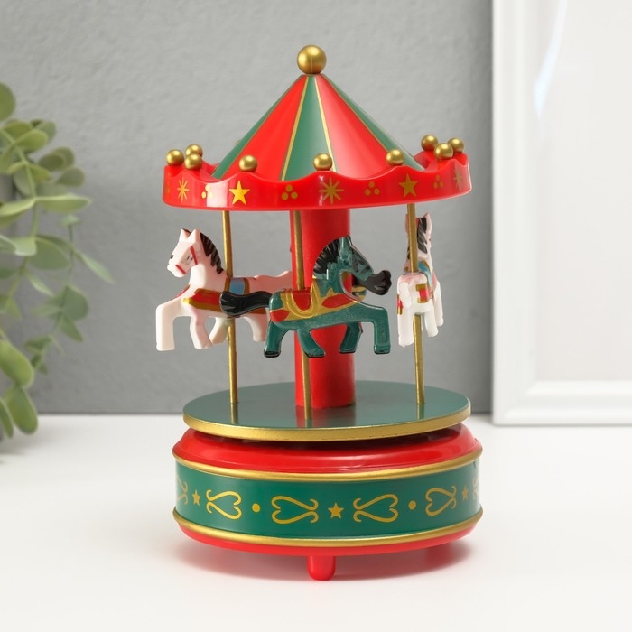 Сувенир пластик музыкальный механ. "Карусель - лошадки" зелёно-красный 10,5х10,5х17,5 см