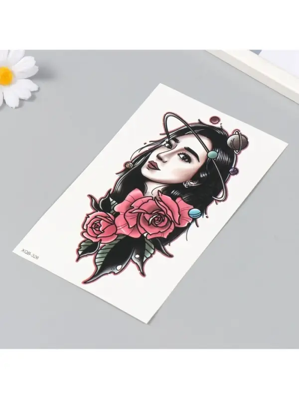 Переводная тату на тело &laquo;Девушка, космос и розы&raquo;, 12&times;18.8 см