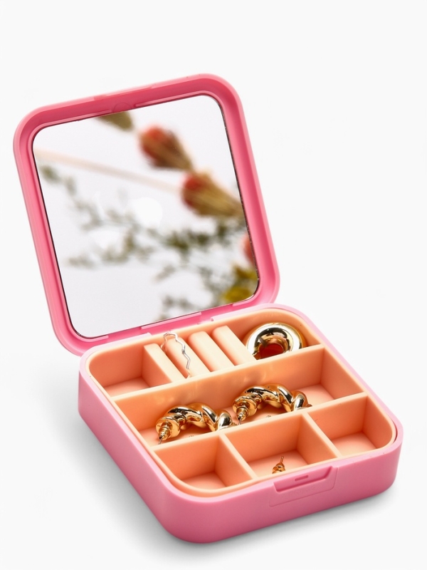 Органайзер для хранения украшений с зеркалом &laquo;Шкатулка портативная&raquo;, 9*9*2,5см, цвет розовый