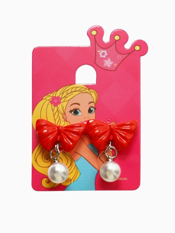 Серьги-клипсы детские "Выбражулька" бант с жемчужиной, цвет красно-белый