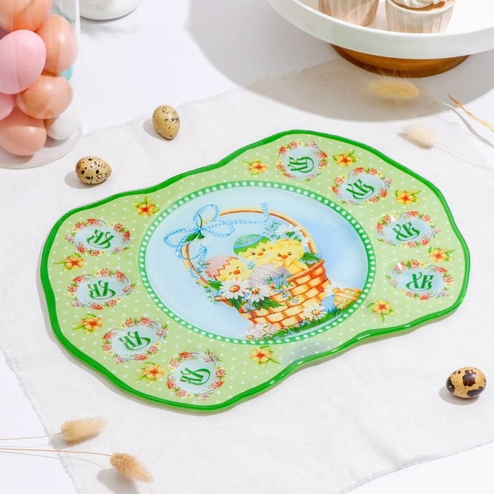 Подставка стеклянная для яиц 8 ячеек Доляна &laquo;Пасхальные цыплята&raquo;, 35&times;24,5 см