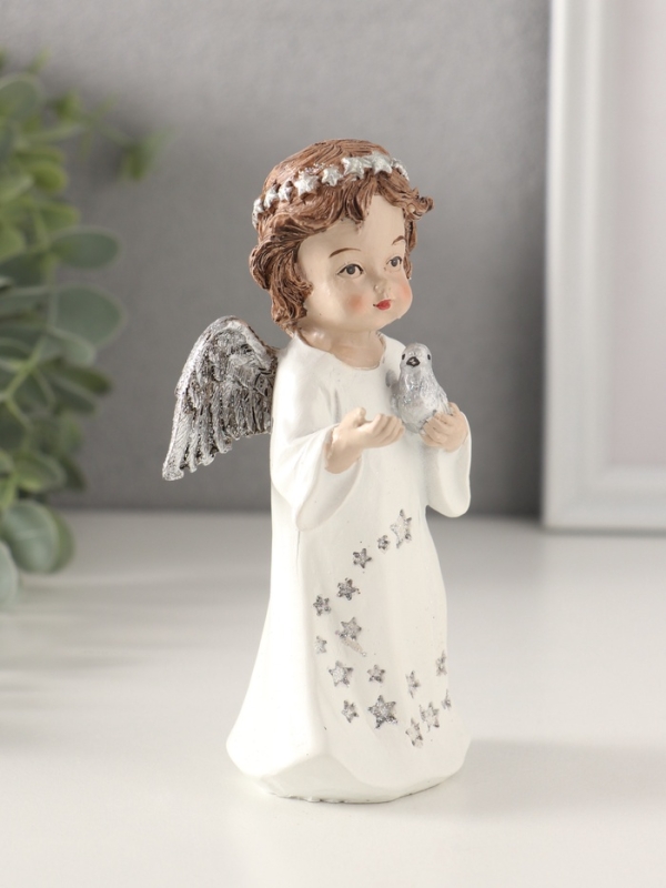 Сувенир полистоун "Ангелочек в платье со звёздами, с голубем 7х5х13 см
