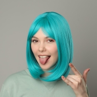 Парик искусственный, с чёлкой, имитация кожи, 30 см, цвет бирюзовый(#SHT127)