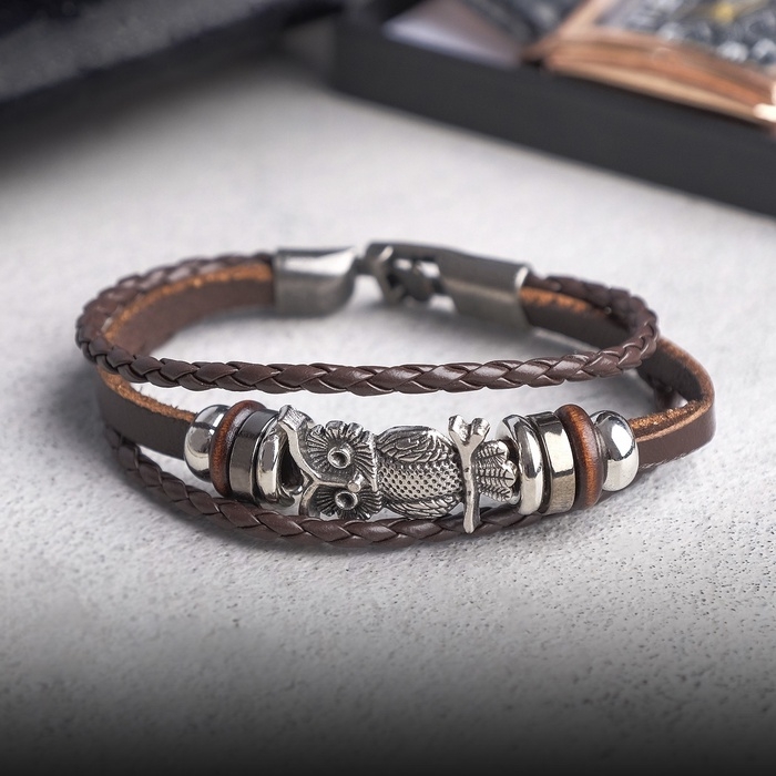 Браслет кожа &laquo;Совушка&raquo;, цвет коричневый в чернёном серебре,20 см