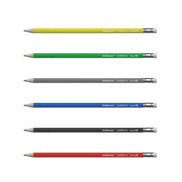 Карандаш чернографитный с ластиком ErichKrause "Classic 101", HB, грифель d=2.2 мм, пластик, шестигранный в коробке, микс