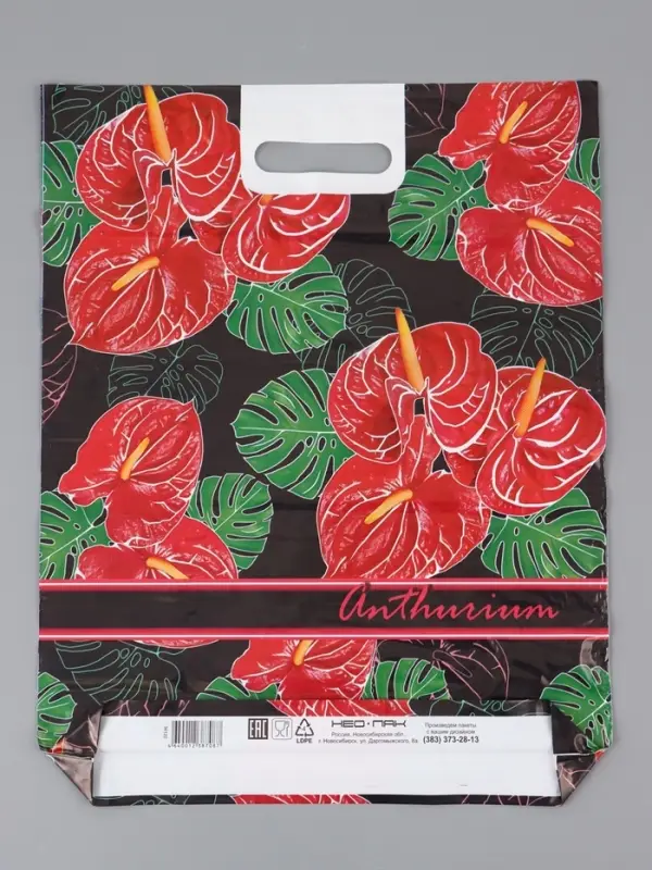 Пакет "Антуриум , полиэтиленовый с вырубной ручкой 38х47 см, 60 мкм