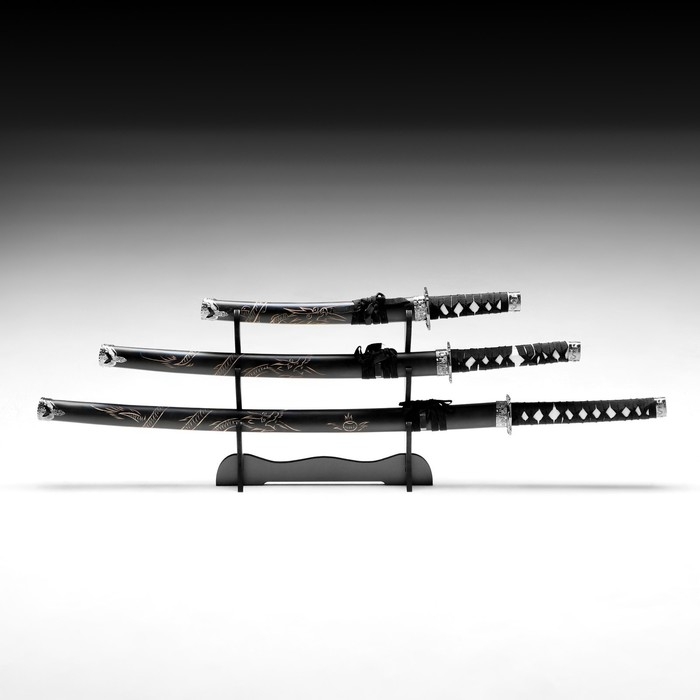 Сув. изделие катаны 3в1 на подставке, ножны дерево, дракон черные 51/71/100см