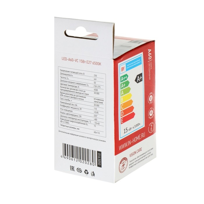 Лампа светодиодная IN HOME LED-A60-VC, Е27, 15 Вт, 230 В, 6500 К, 1430 Лм Лампа светодиодная IN HOME LED-A60-VC, Е27, 15 Вт, 230 В, 6500 К, 1430 Лм