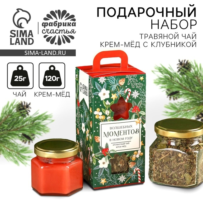 Подарочный набор новогодний &laquo;Волшебных моментов&raquo;: травяной чай, мёд кремовый с клубникой