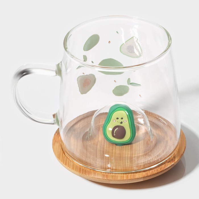 Кружка стеклянная с деревянной крышкой &laquo;Авокадо&raquo;, 350 мл, рисунок МИКС