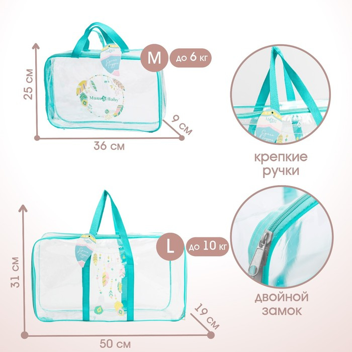 Сумка в роддом с косметичкой &laquo;Перья&raquo;, набор 2 шт., 50х31/36х25, цвет прозрачный/бирюза, Mum&Baby