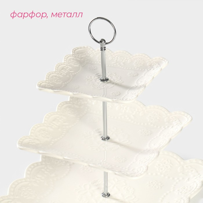 Этажёрка Фруктовница Доляна «Сьюзен», 3 яруса, 14,5/20/24,5 см, фарфор, цвет белый Этажёрка Фруктовница Доляна «Сьюзен», 3 яруса, 14,5/20/24,5 см, фарфор, цвет белый