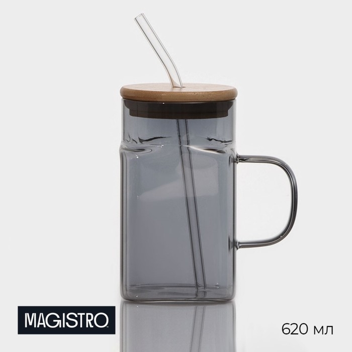 Банка стеклянная с ручкой, крышкой и трубочкой Magistro &laquo;Эко&raquo;, 620 мл, цвет чёрный