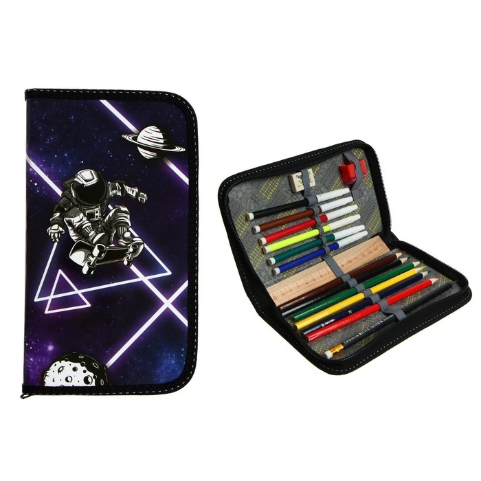 Пенал 1 секция, 115 х 205 мм, с наполнением 16 предметов, Calligrata Пенал 1 секция, 115 х 205 мм, с наполнением 16 предметов, Calligrata "Космос" ламинированный картон, 30П26/set