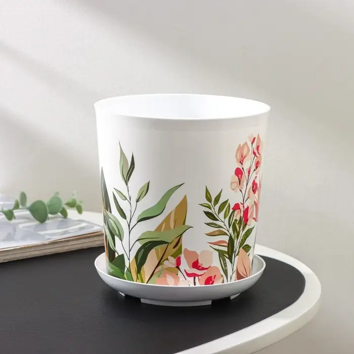 Горшок для цветов с поддоном Доляна &laquo;Тропический лес&raquo;, 1,6 л, d=14 см, h=15,5 см, цвет белый