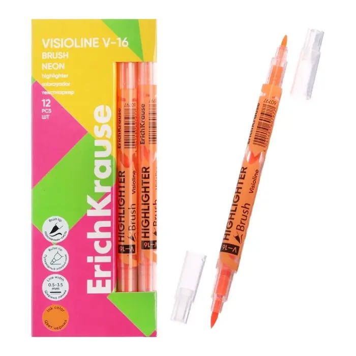 Маркер текстовыделитель 0.5-3.5 мм ErichKrause Visioline V-16 Brush Neon, двухсторонний, оранжевый неон, чернила на водной основе