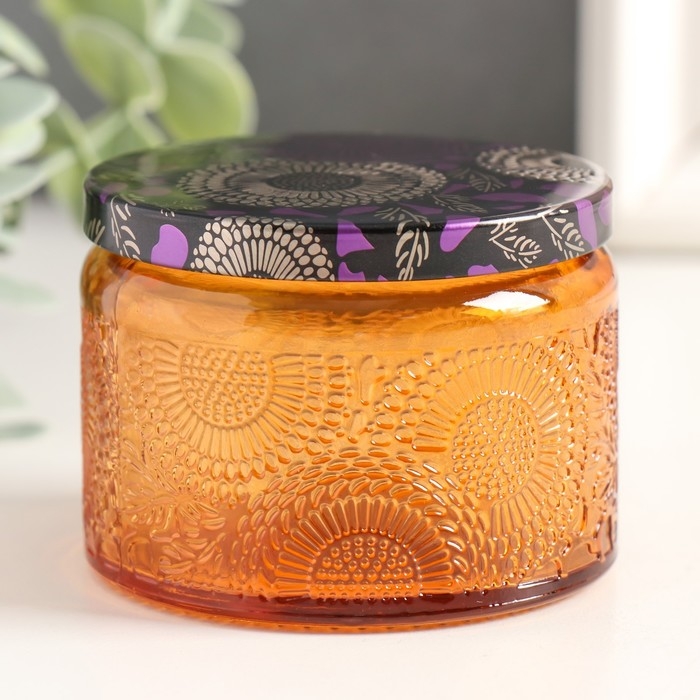 Банка для свечей стекло с крышкой Банка для свечей стекло с крышкой "Цветочная" оранж, круглая 5х7х7 см, МИКС