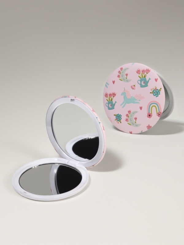 Зеркало складное &laquo;Единороги&raquo;, d = 7,3 см, с увеличением, цвет розовый