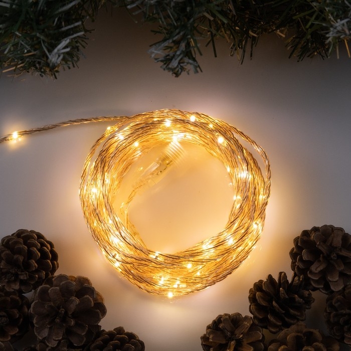 Гирлянда &laquo;Нить&raquo; 10 м роса, IP44, медная нить, 100 LED, свечение тёплое белое, мерцание, 220 В