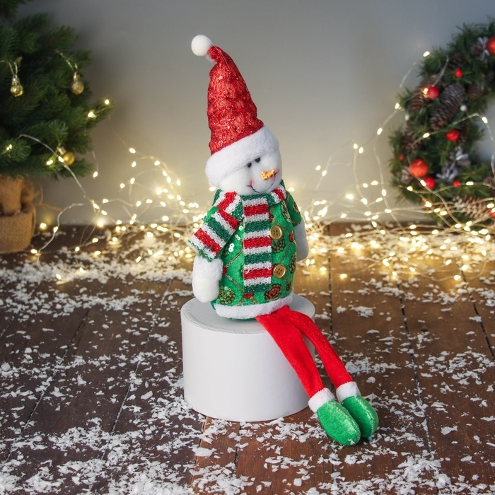 Мягкая игрушка Мягкая игрушка "Снеговик в сияющем костюме с длинными ножками" 42х19 см, красно-зелёный