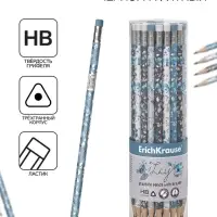 Карандаш чернографитный, ErichKrause &laquo;Frozen Beauty&raquo;, с ластиком, HB, d=2.2 мм, дерево, трехгранный с принтом, в тубусе, микс