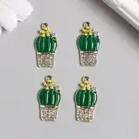 Декор для творчества металл, эмаль, стразы "Кактус в горшке" 1,3х2,6 см   7529965