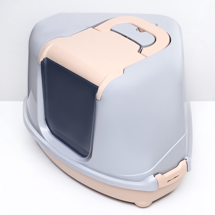Туалет-домик угловой для кошек закрытый с дверцей 57*46*37 см, бежево-серый