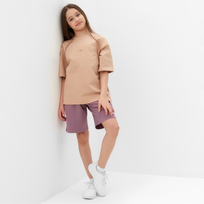 Костюм для девочки (футболка, шорты) MINAKU цвет бежевый/ пыльно-сиреневый, рост 128 см