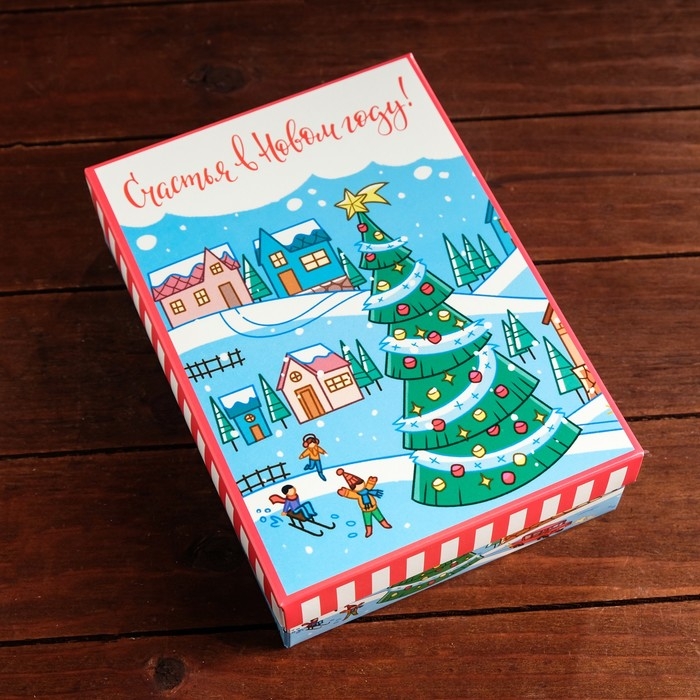 Новый год. Коробка сборная крышка-дно с окном, "Город", 21 х 15 х 5,7 см