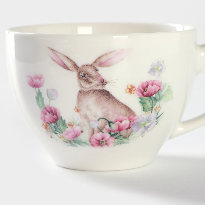 Чайная пара фарфоровая Доляна &laquo;Зайка&raquo;, 2 предмета: чашка 250 мл, блюдце d=15 см, цвет белый