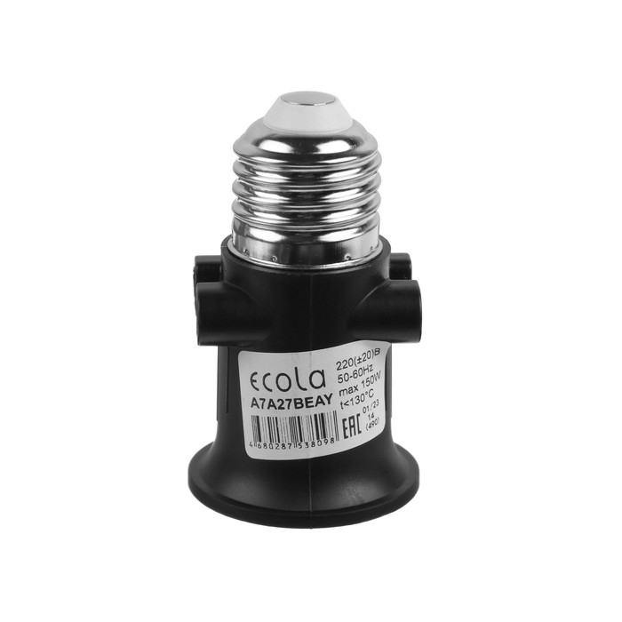 Переходник Ecola, с цоколя Е27 на Е27, с выходом на розетки, 75 х 45 мм