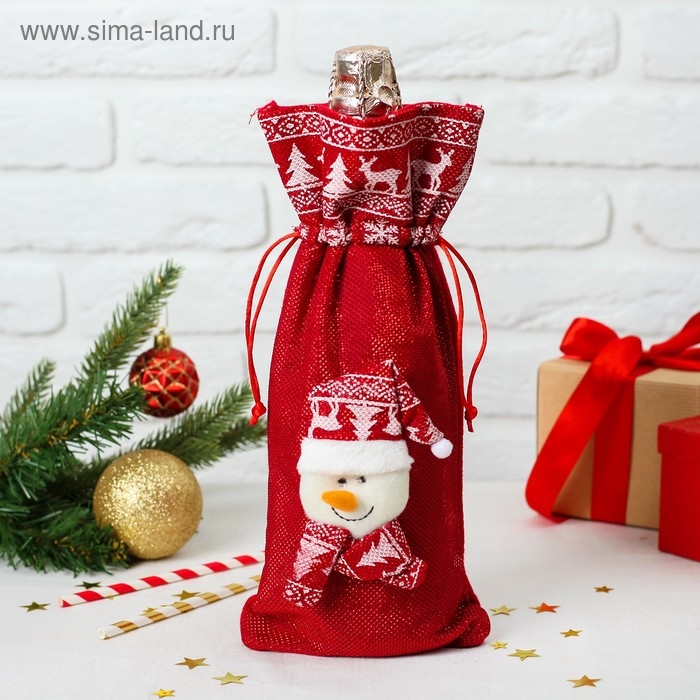 Чехол на бутылку &laquo;Снеговик колпак и шарф с рисунком&raquo; на завязках
