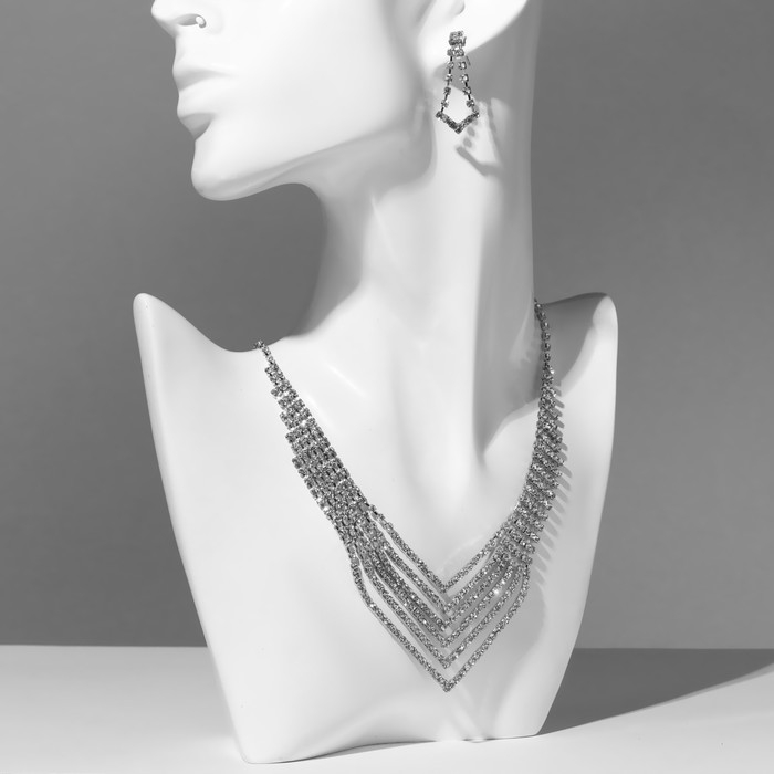 Набор 2 предмета: серьги, колье &laquo;Лёд&raquo;, 6 рядов, цвет белый в серебре, 34 см