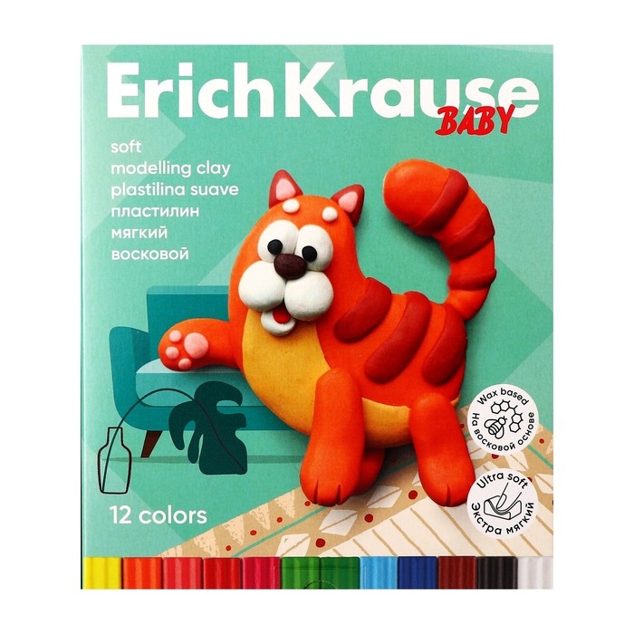 Пластилин мягкий (восковой) 12 цветов, 156 г, ErichKrause Пластилин мягкий (восковой) 12 цветов, 156 г, ErichKrause "Baby", со стеком, на растительной основе, с Алоэ Вера , европодвес