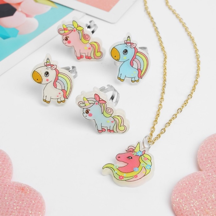 Набор детский &laquo;Выбражулька&raquo; 5 предметов: кулон, 4 кольца, единорожки, форма МИКС, цветной